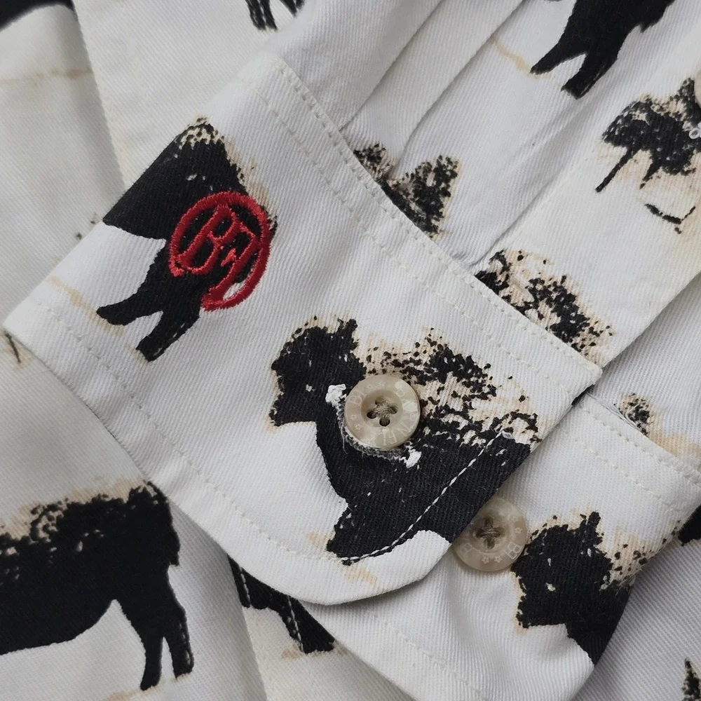 Barn Fly Shirt Mens Large White Bison Print Long Sleeve Button Up Western USA - Picture 4 of 10